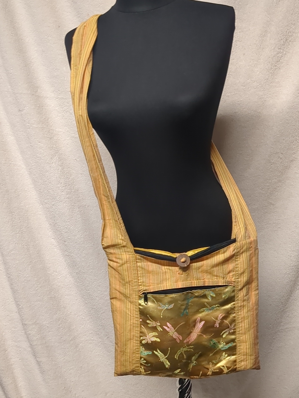 Yellow Striped Crossbody Bag with Dragonfly Pocket